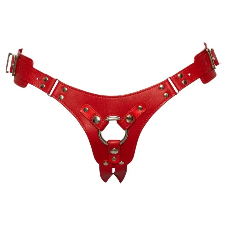 Stylowy strap-on Bad Kitty w kolorze czerwonym, rozmiar S-L, regulowany z metalowymi detalami
