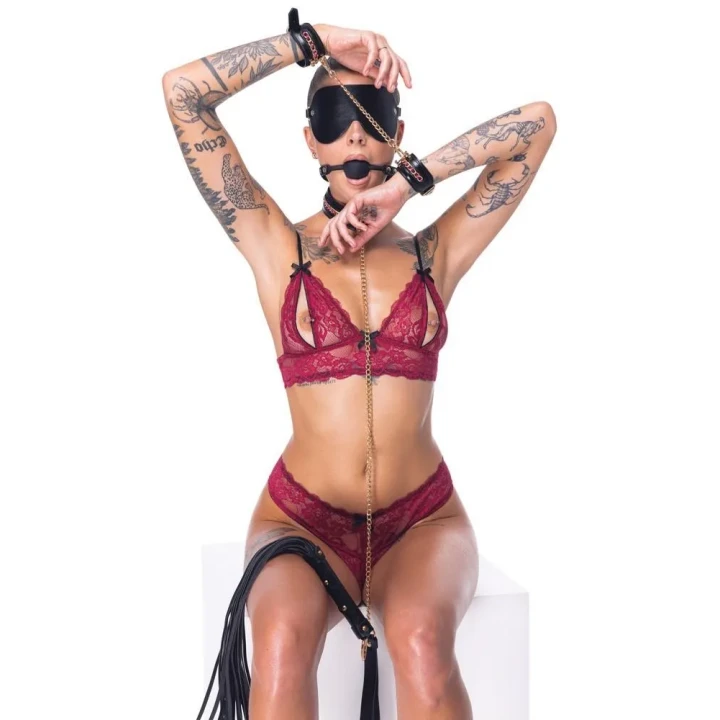 Zestaw do bondage Bad Kitty z 6 elementami, skórą syntetyczną i złotymi akcentami