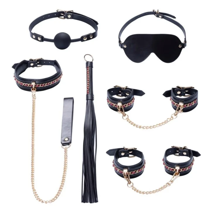 Zestaw do bondage Bad Kitty z 6 elementami, skórą syntetyczną i złotymi akcentami