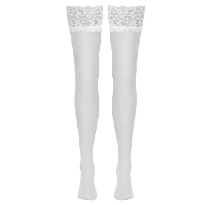 Pończochy koronkowe białe M, 20 den, 80% poliamid, 20% elastan, elegancki styl