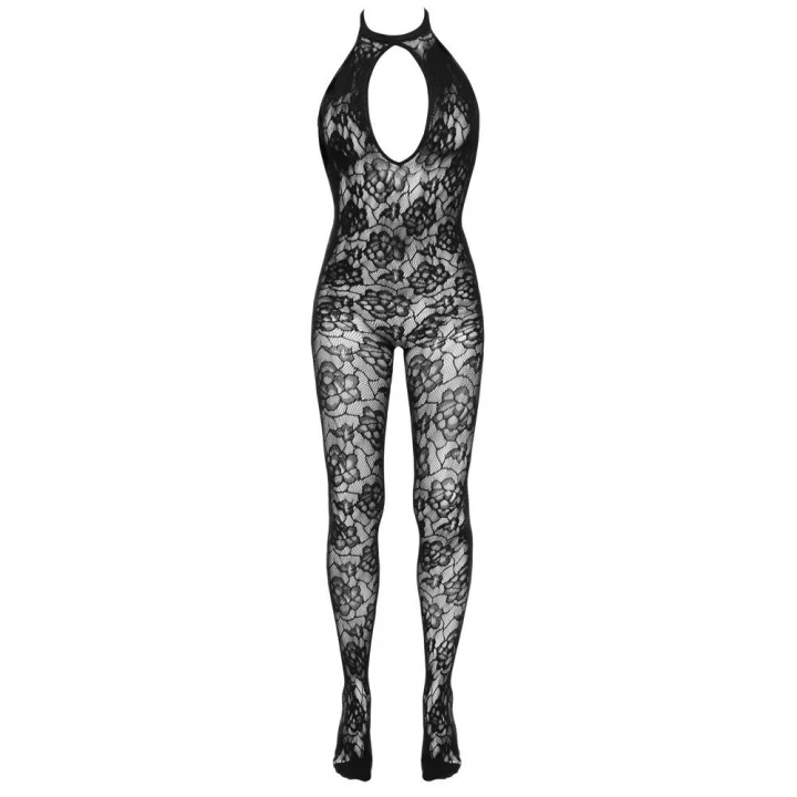 Catsuit erotyczny crotchless S-L z halterneckiem i kwiatowym wzorem
