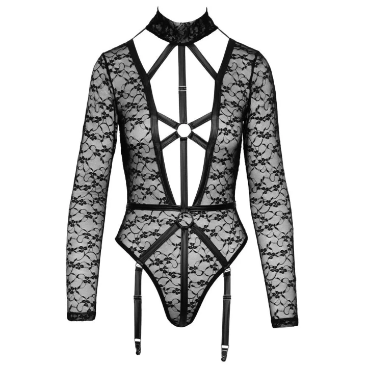 Bodystocking koronkowy S z regulowanymi szelkami i niskim dekoltem, Cottelli LINGERIE