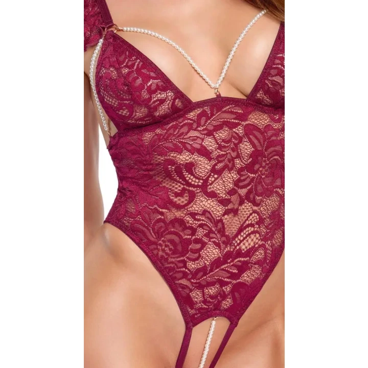 Zmysłowe body string z koronki w kolorze bordeaux, regulowane ramiączka, XL
