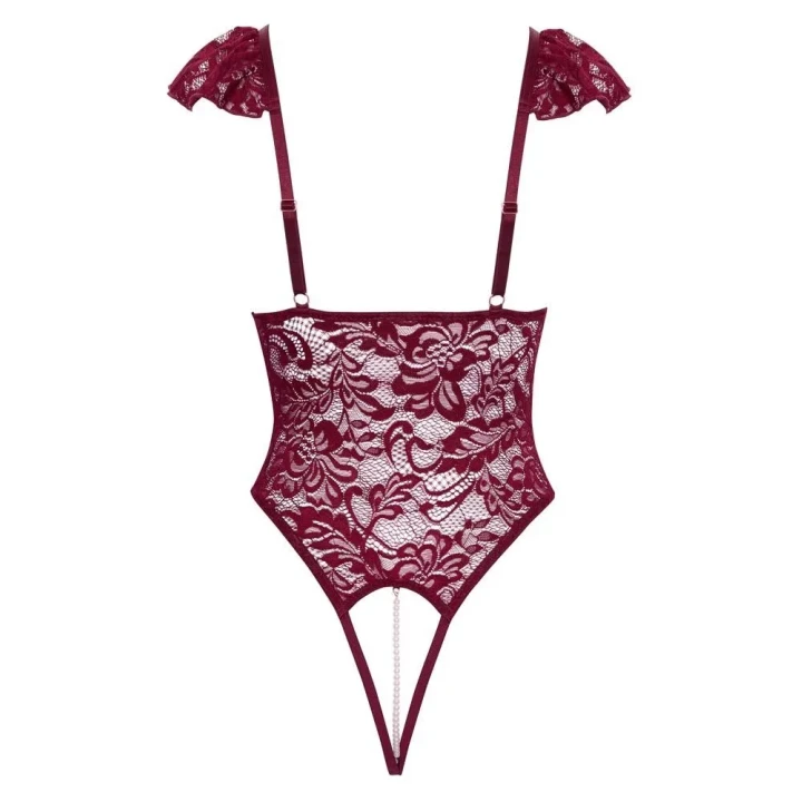 Zmysłowe body string z koronki w kolorze bordeaux, regulowane ramiączka, XL