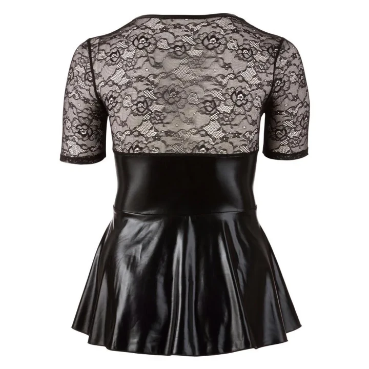 Elegancka czarna sukienka z czerwonym akcentem, dekoltem i koronkowymi rękawami, XL