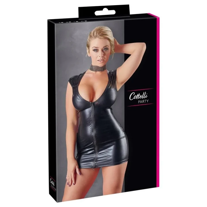 Sukienka mini wet look z dekoltem i zamkiem - czarna, dopasowana, ekstravagancja M