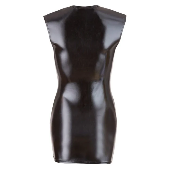 Sukienka mini wet look z dekoltem i zamkiem - czarna, dopasowana, ekstravagancja M