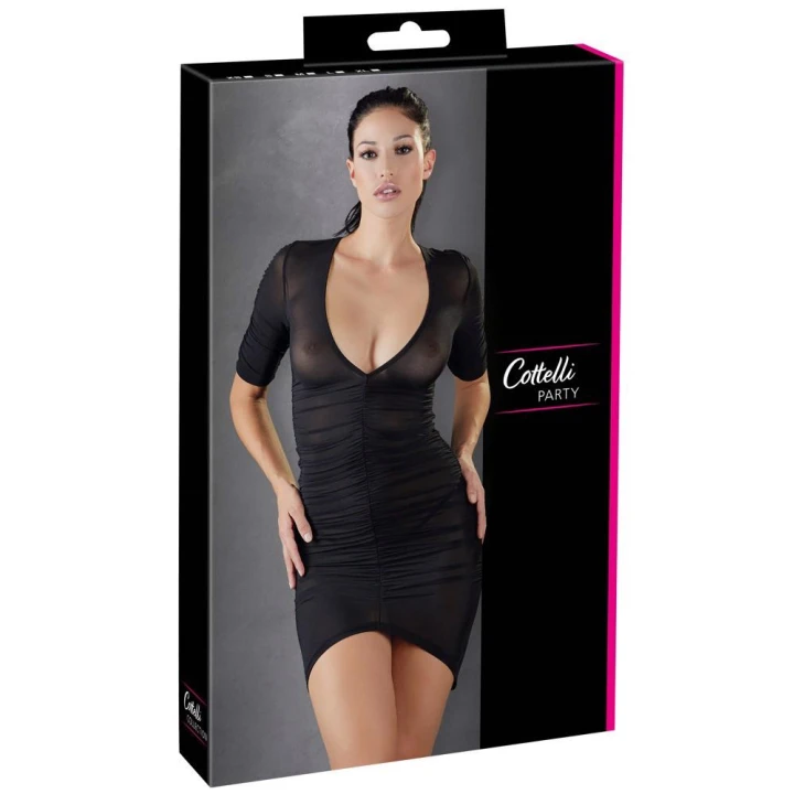 Elegancka sukienka mini z półrękawami w półprzezroczystej czerni, model Ruffles L