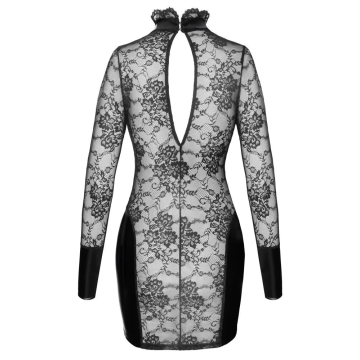 Elegancka mini sukienka koronkowa w stylu noir z chokerem i długimi rękawami, rozmiar S