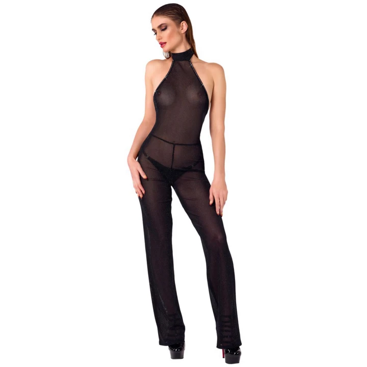 Luksusowy czarny kombinezon halter z transparentnego materiału, rozmiar L