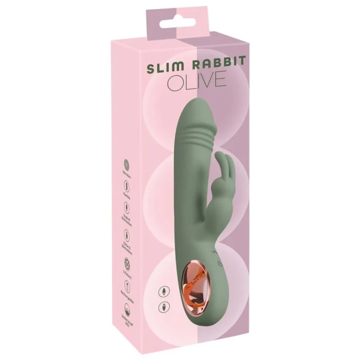 Duo-wibrator Slim Rabbit Olive z synchronizowanym masażem, wodoodporny, silikonowy