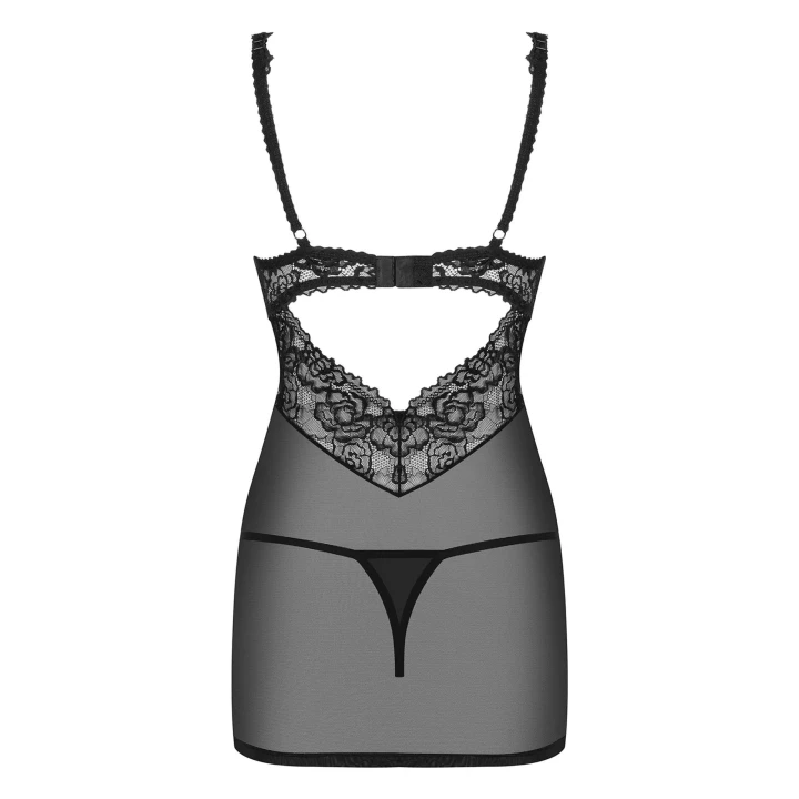 Seksowna koszulka nocna z stringami Bielizna-867-CHE-1 S/M z koronką i regulowanymi ramiączkami