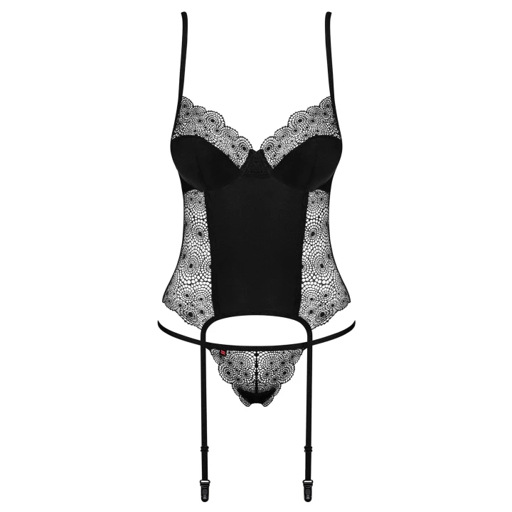 Gorset koronkowy z stringami Bielizna-Sharlotte czarny S/M dla zmysłowego wyglądu