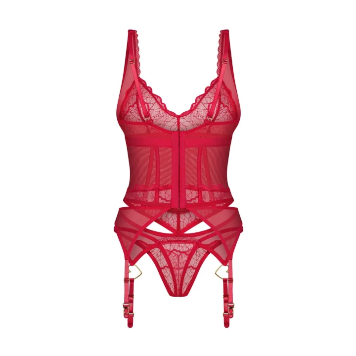 Dwuczęściowy komplet bielizny: gorset z regulowanymi stringami w kolorze intensywnej czerwieni 2XL/3XL