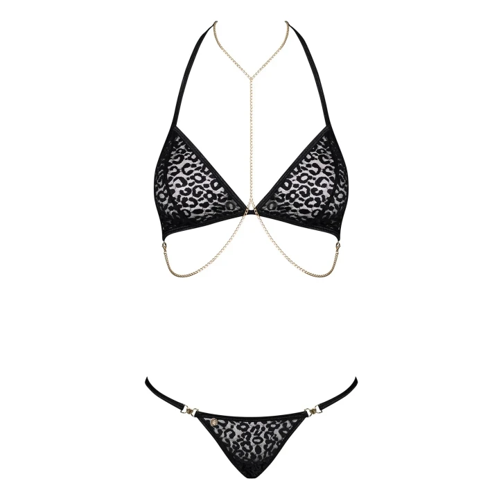 Komplet bielizny damskiej Pantheria 2-częściowy czarny L/XL z łańcuszkami i cętkami