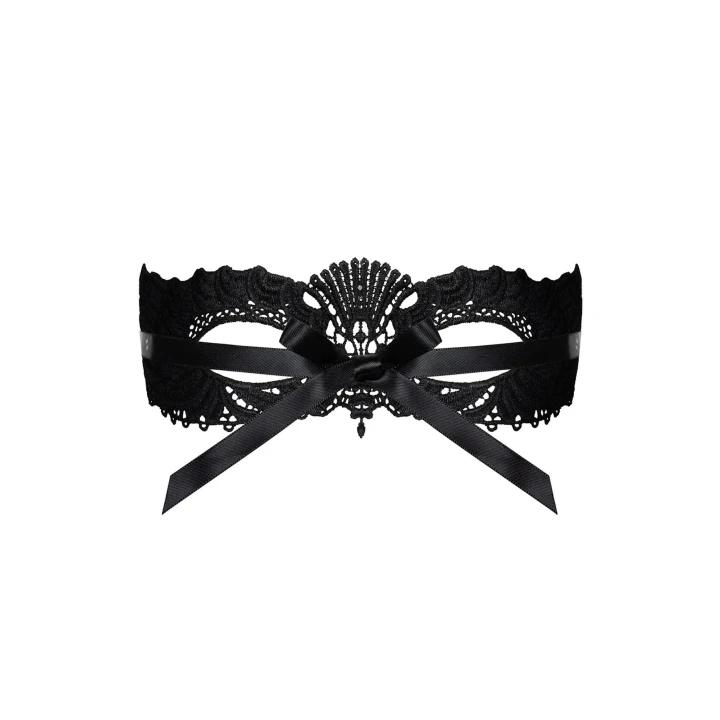 Zmysłowa czarna maska Bielizna-A700 z gipiurą oraz satynową wstążką