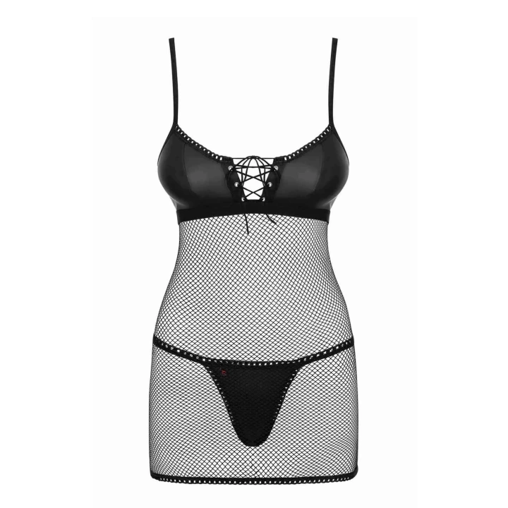 Koszulka i stringi Redella - czarna, L/XL, z elastycznej siateczki, sexy stylizacja