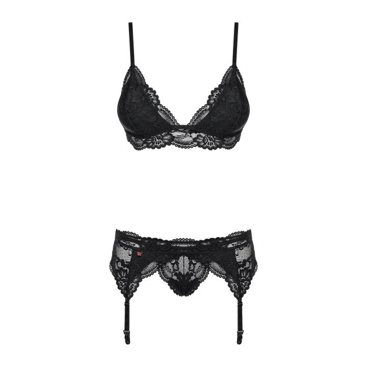 Czarny komplet bielizny 3-częściowy L/XL z koronkowymi detalami i stringami