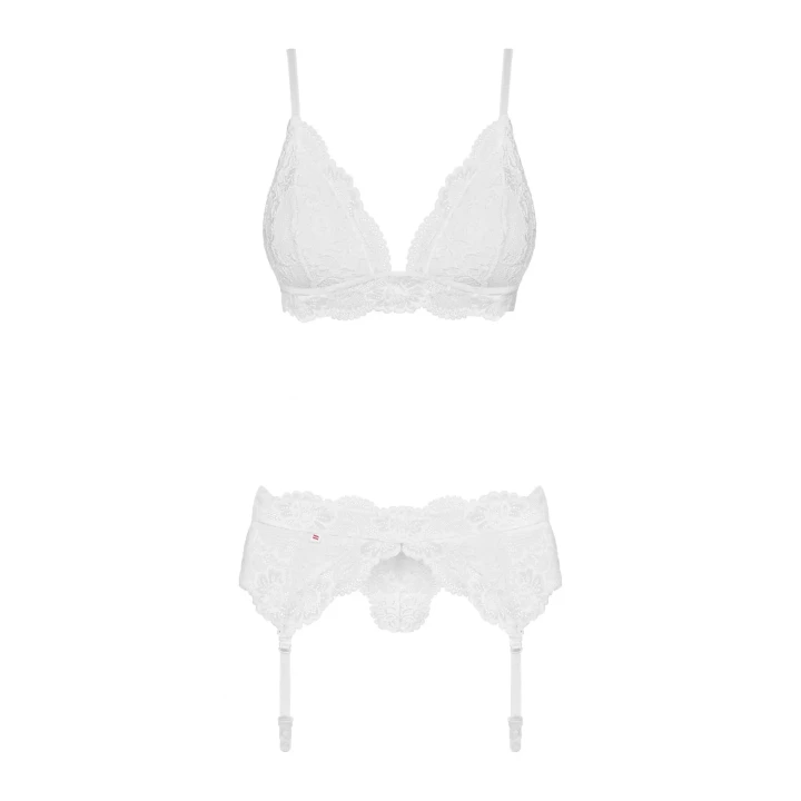 Zmysłowy komplet bielizny 3-częściowy biały S/M z koroną i pasem do pończoch