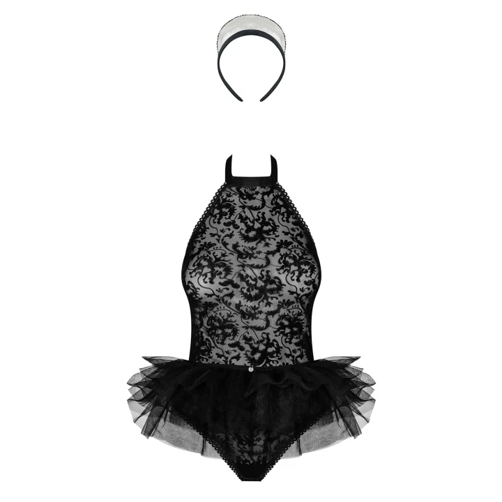 Seksowny kostium pokojówki rozmiar 2XL/3XL z delikatną koronką i tiulową spódniczką