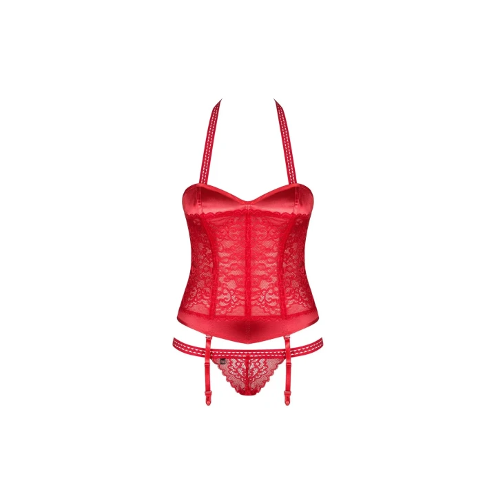 Gorset z koronką Flameria z stringami, rozmiar S/M, ognista czerwień, elastyczny materiał