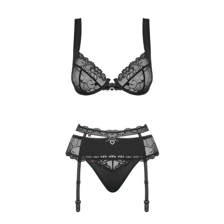 Komplet bielizny 3-częściowy Heartina czarny L/XL z koronką i cyrkoniami