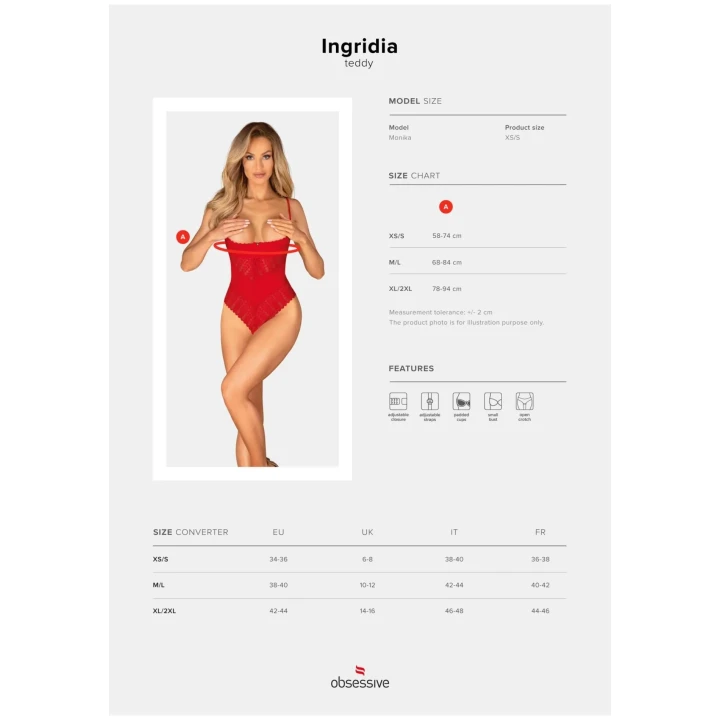 Otwarte body damskie Ingridia w kolorze czerwonym, rozmiar XS/S, koronka i regulowane ramiączka