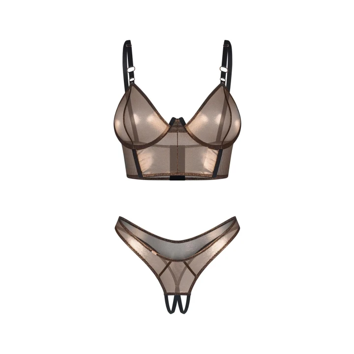 Dwuczęściowy komplet bielizny: top z fiszbinami i otwarte stringi L/XL