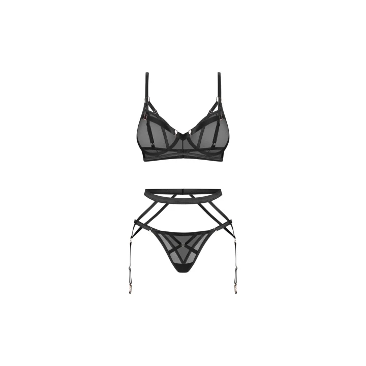 Elegancki komplet bielizny Euridia: biustonosz, pas do pończoch, stringi, XS/S
