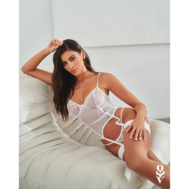 Gorset koronkowy Alissium z stringami, rozmiar XS/S, biała bielizna erotyczna