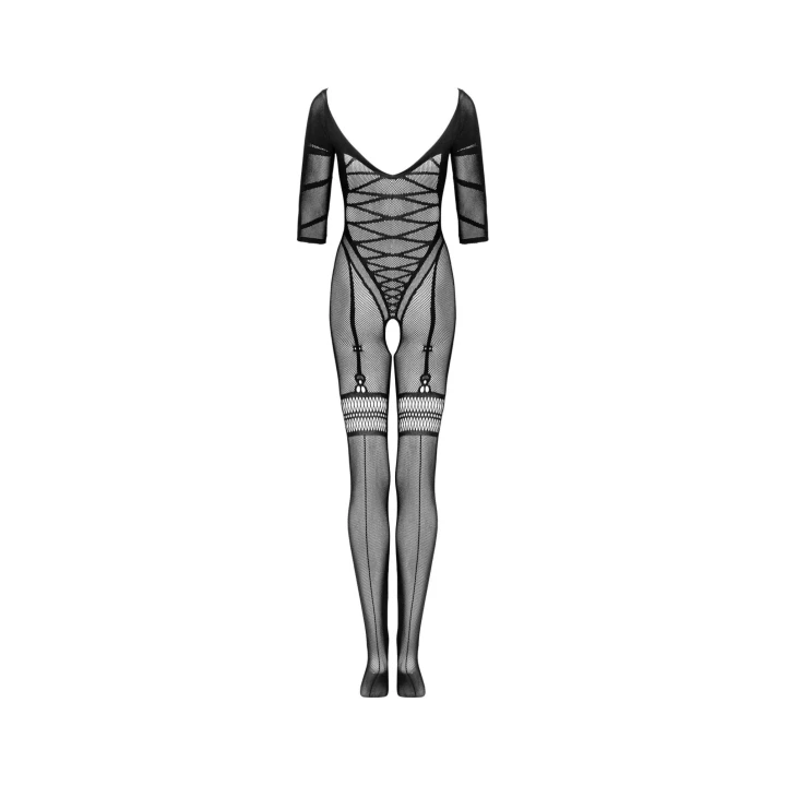 Bodystocking damski G329 XL/XXL z gorsetowym wzorem i otwartym krokiem, czarny