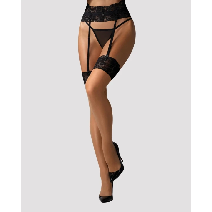 Eleganckie pończochy beżowe M/L z koronkowym wykończeniem, komfortowe i zmysłowe