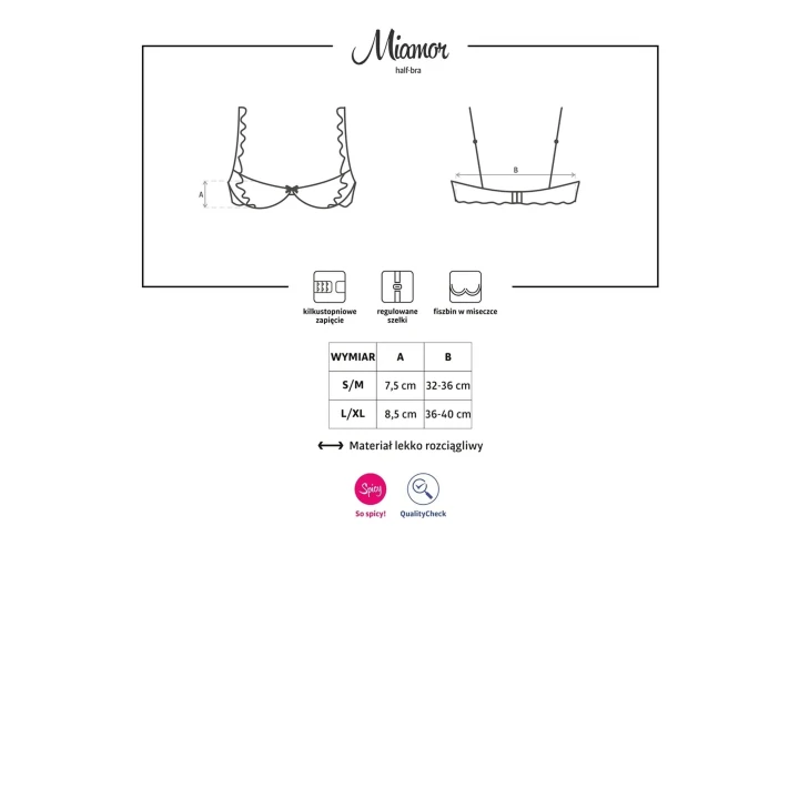 Półbiustonosz Miamor S/M z push-up, koronką i regulowanymi ramiączkami