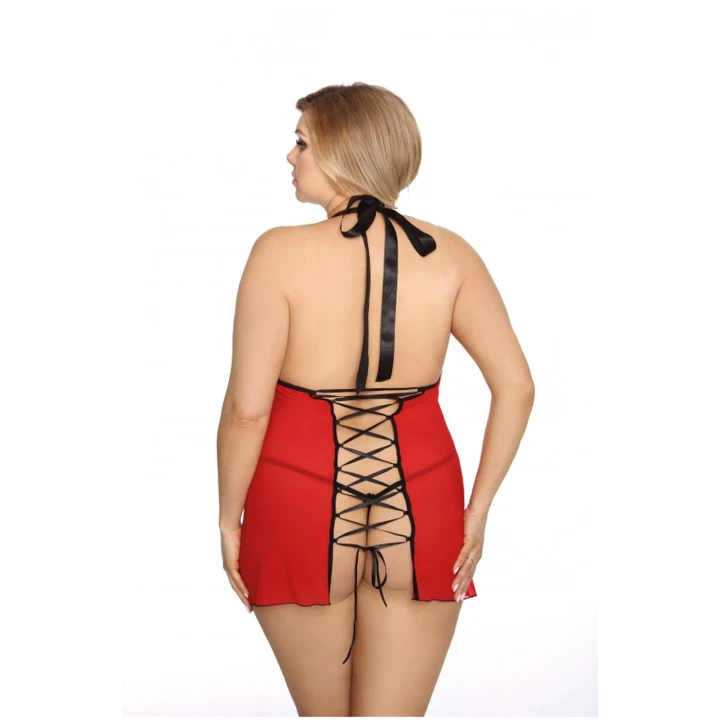 Halka i stringi Dharma XL+ z czarnej koronki i czerwonej siateczki, elegancki zestaw bielizny