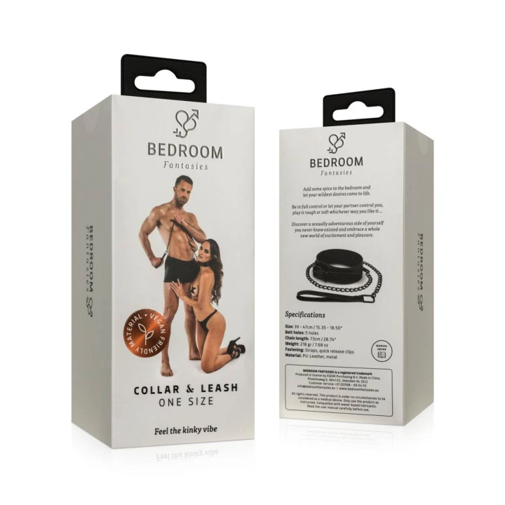 Obroża BDSM z syntetycznej skóry z łańcuchem, regulowany rozmiar 39-47 cm, czarna