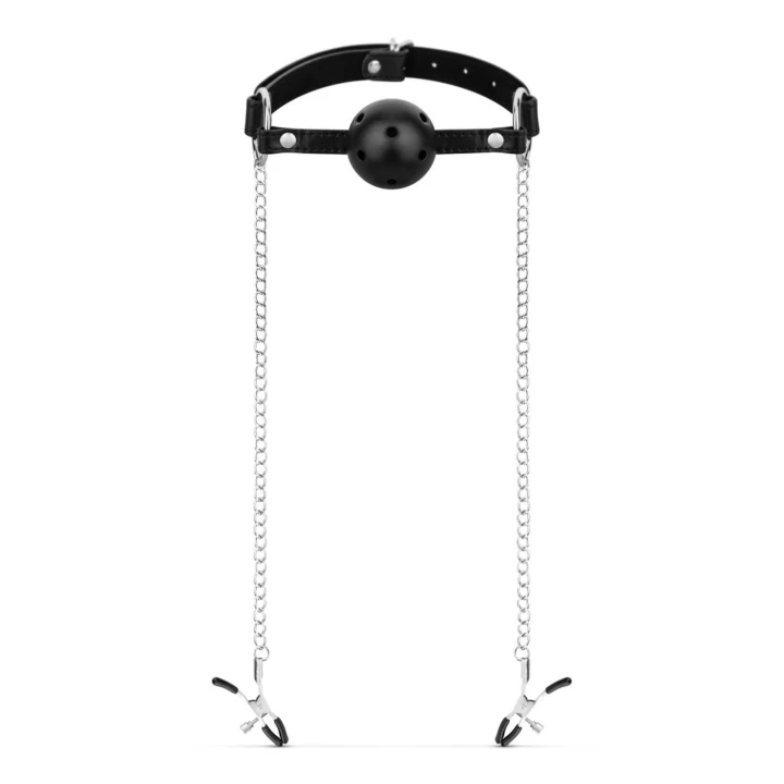 Zestaw BDSM: Klamry na sutki z regulacją i knebel kulkowy – czarny