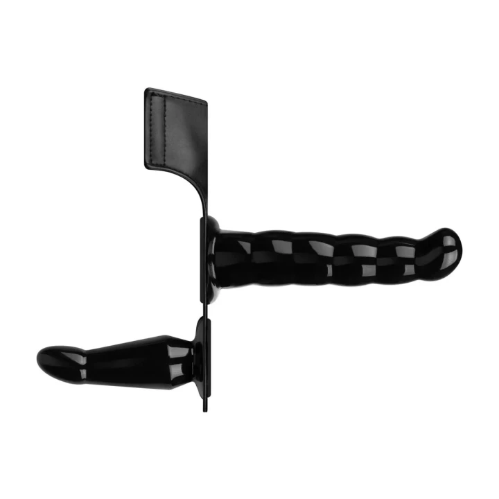 Zestaw strap-on z wibracją - Czarny, regulowana skórzana uprząż, dwa dilda