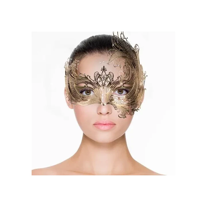Elegancka maska wenecka metalowa ze złota z diamentami - Metal Mask Gold