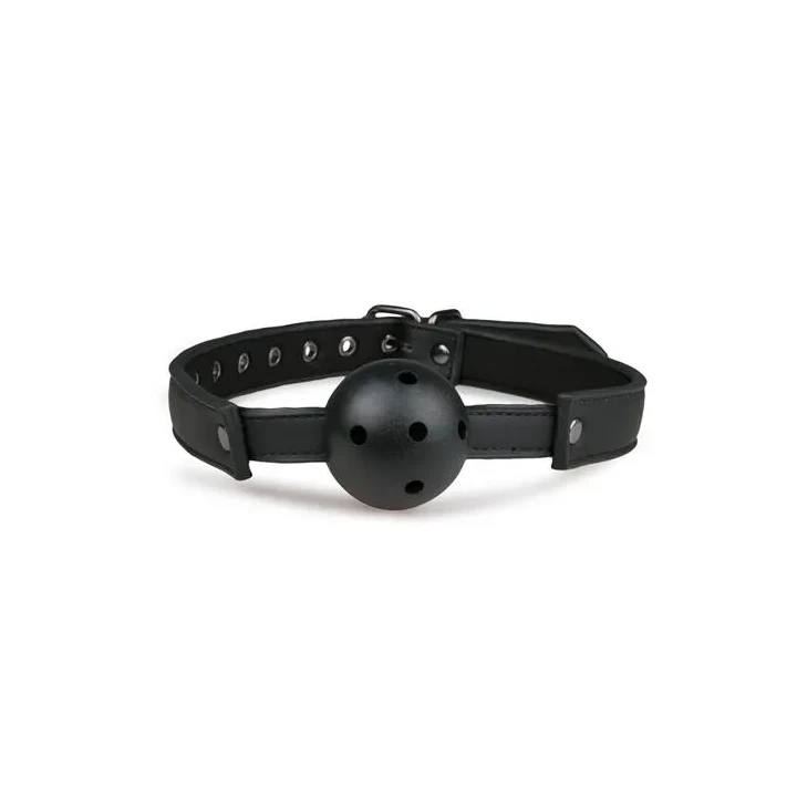 Knebel-ball gag z regulowanym paskiem i kulą PVC - czarny, eko skóra, wygodny