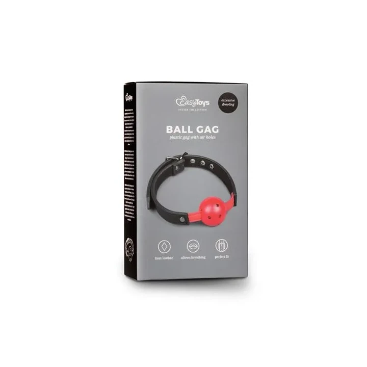 Knebel BDSM z kulką PVC, regulowany pasek, czerwona ekoskóra, komfortowy design