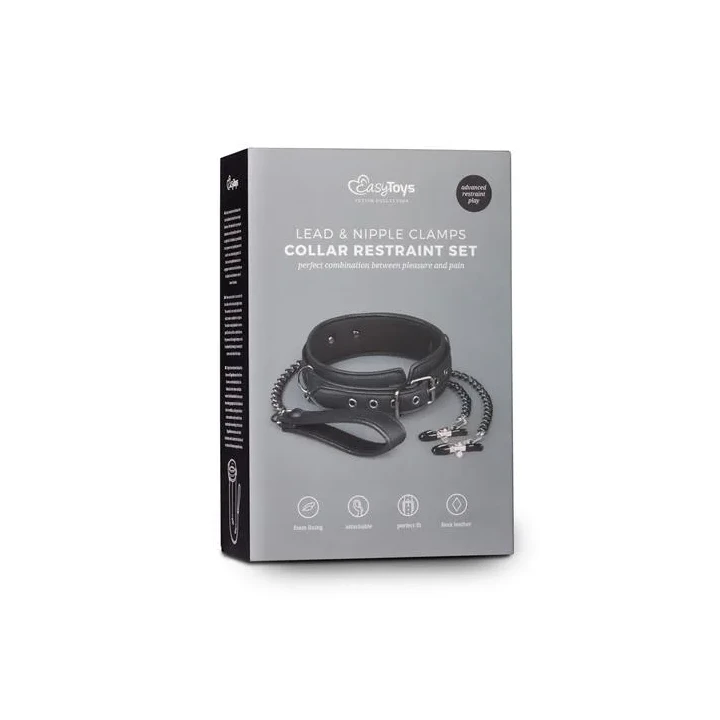 Kołnierz ze sztucznej skóry z łańcuszkami i zaciskami na sutki w kolorze czarnym