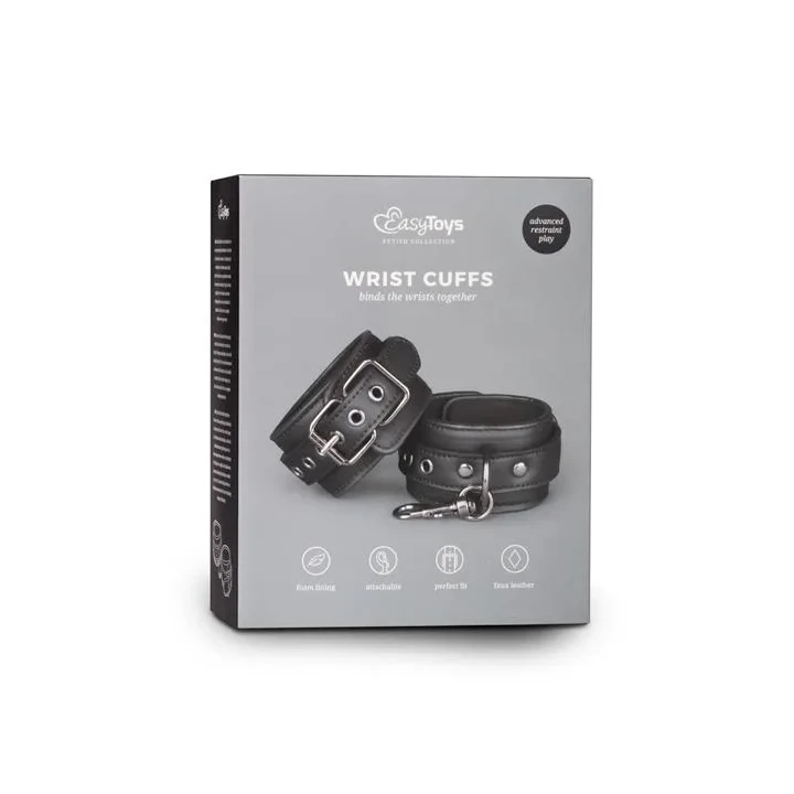 Kajdanki do Niewoli - Regulowane, Ekoskórne Mankiety z Metolowym Łańcuchem - Czarne
