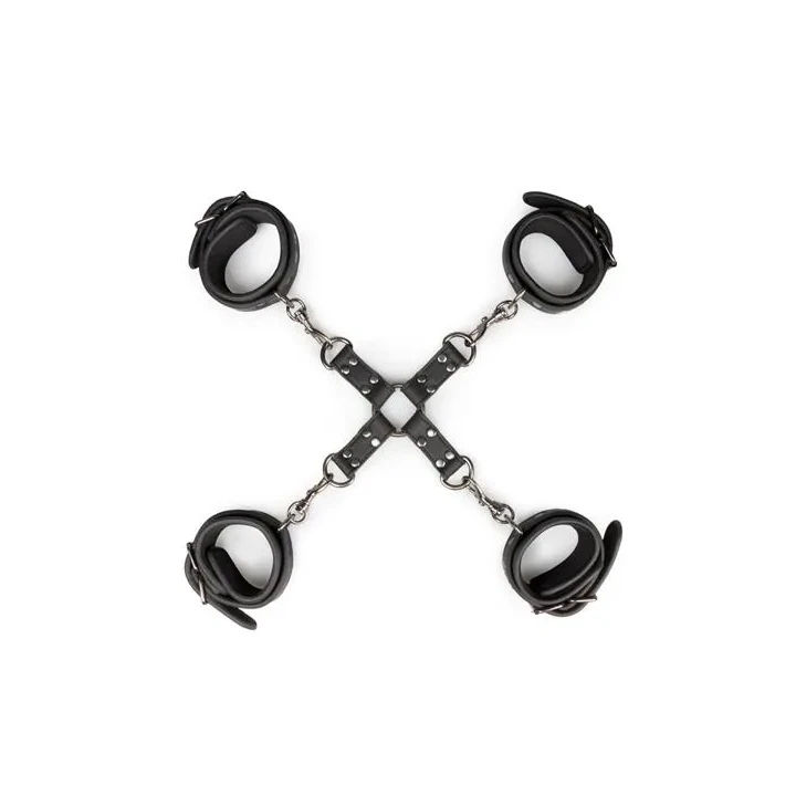 Zestaw do zabawy w niewolę z mankietami nadgarstków i kostek oraz regulowanym hogtie