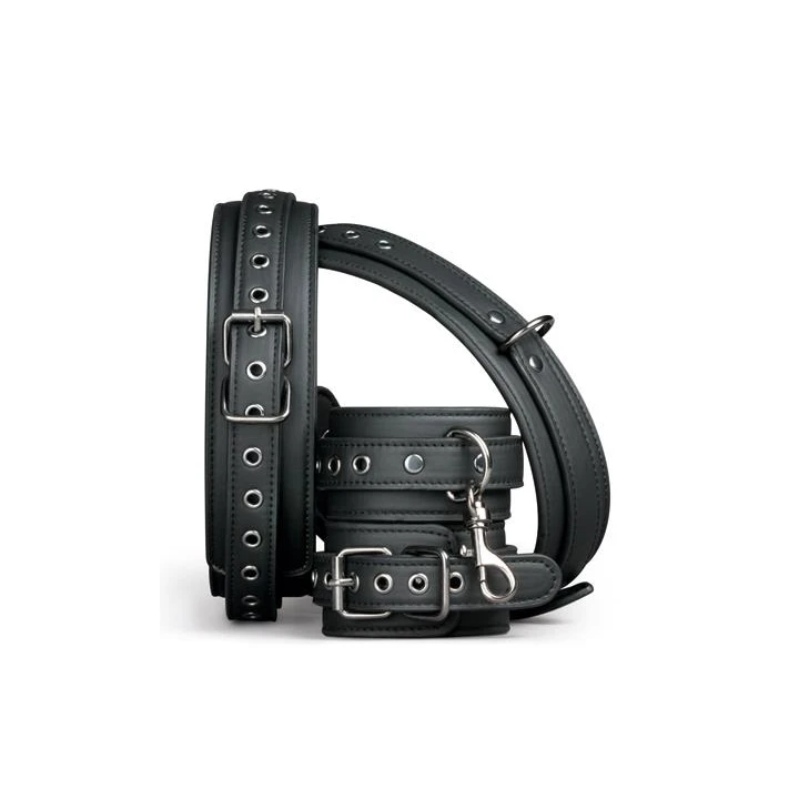 Zestaw mankietów do ud i nadgarstków do zabaw BDSM, czarne, regulowane, sztuczna skóra