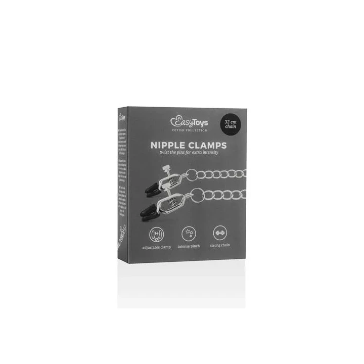 Zaciski na sutki z łańcuchem, regulowany nacisk, metal, idealne do stymulacji sensualnej