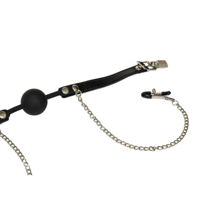 Knebel BDSM z klamrami na sutki, czarny silikon, elegancki i mroczny design