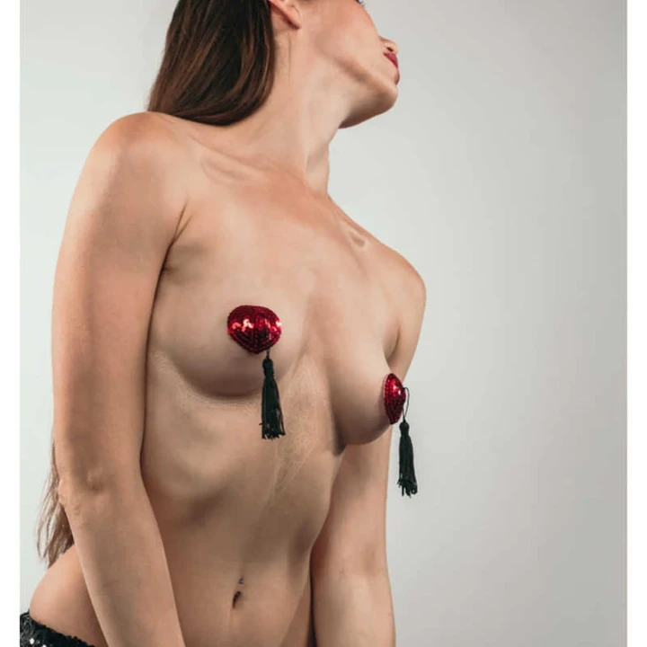 Pasties burlesque w kolorze gipsy red z cekinami i frędzlami, uniwersalny rozmiar 44-48