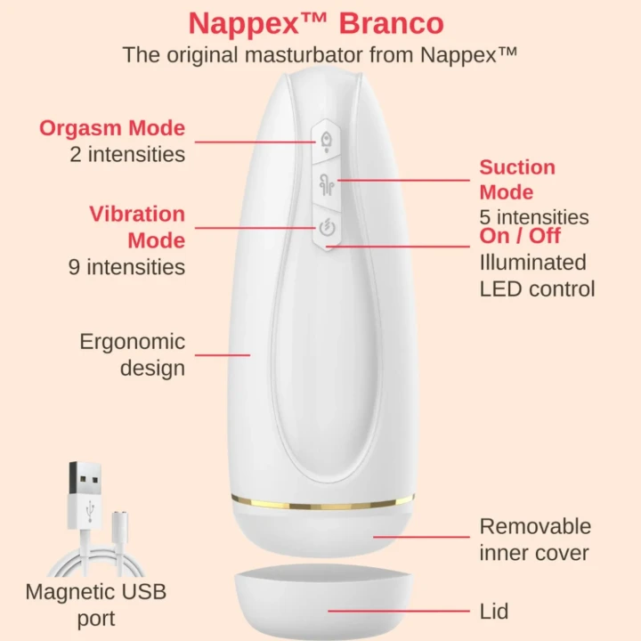 Elektryczny masturbator Nappex™ Branco - 29 kombinacji, ergonomicznym designie, z lubrykantem