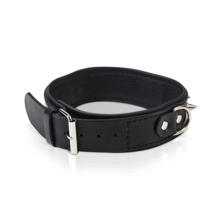 Męska obroża skórzana WHIPS z półkółkami i smyczą, ręcznie wykonana, 42-50 cm