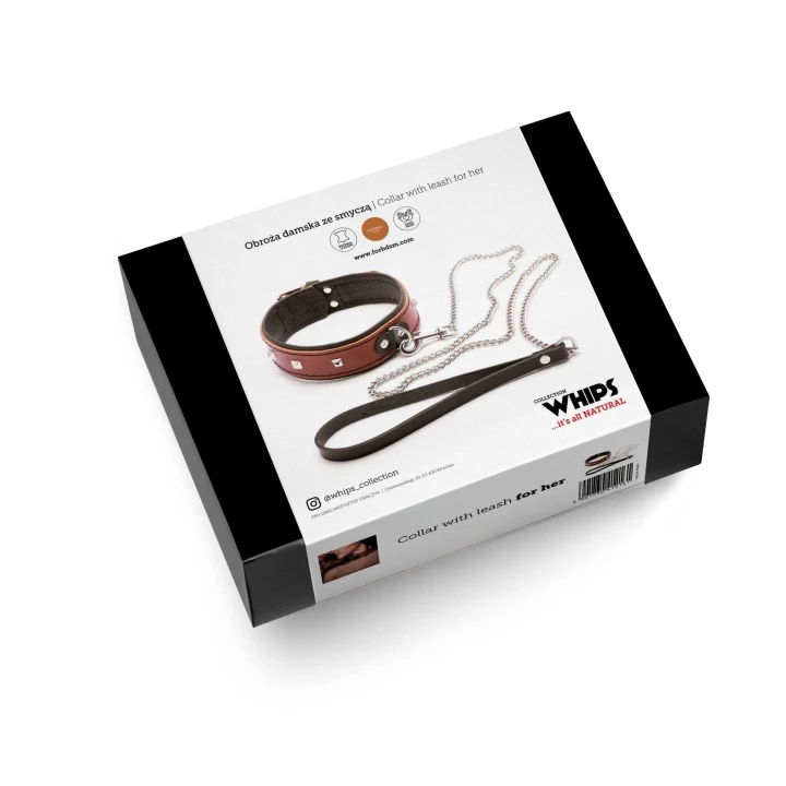 Obroża damska skórzana ze smyczą koniakowa, regulowana, elegancki design